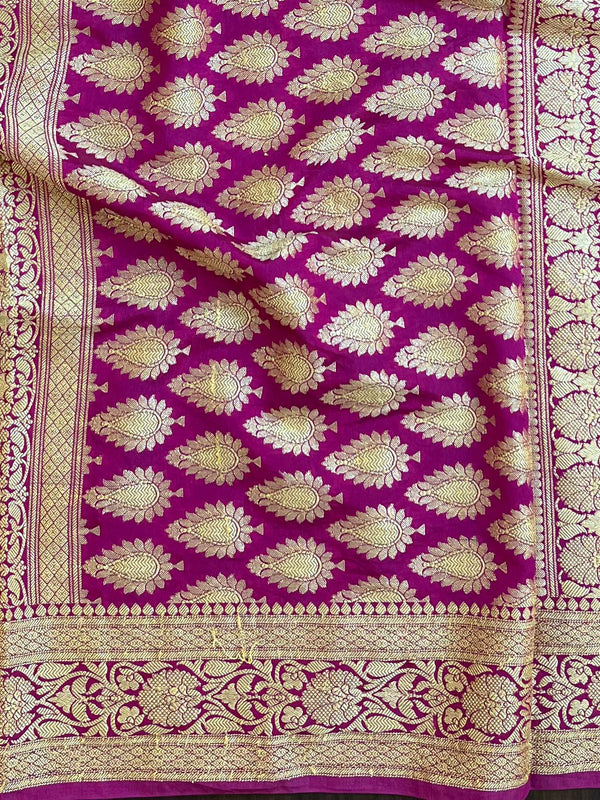 Banarasee Handwoven Semi Silk Bandhej Saree With Broad Zari Floral Border-Pink & Magenta