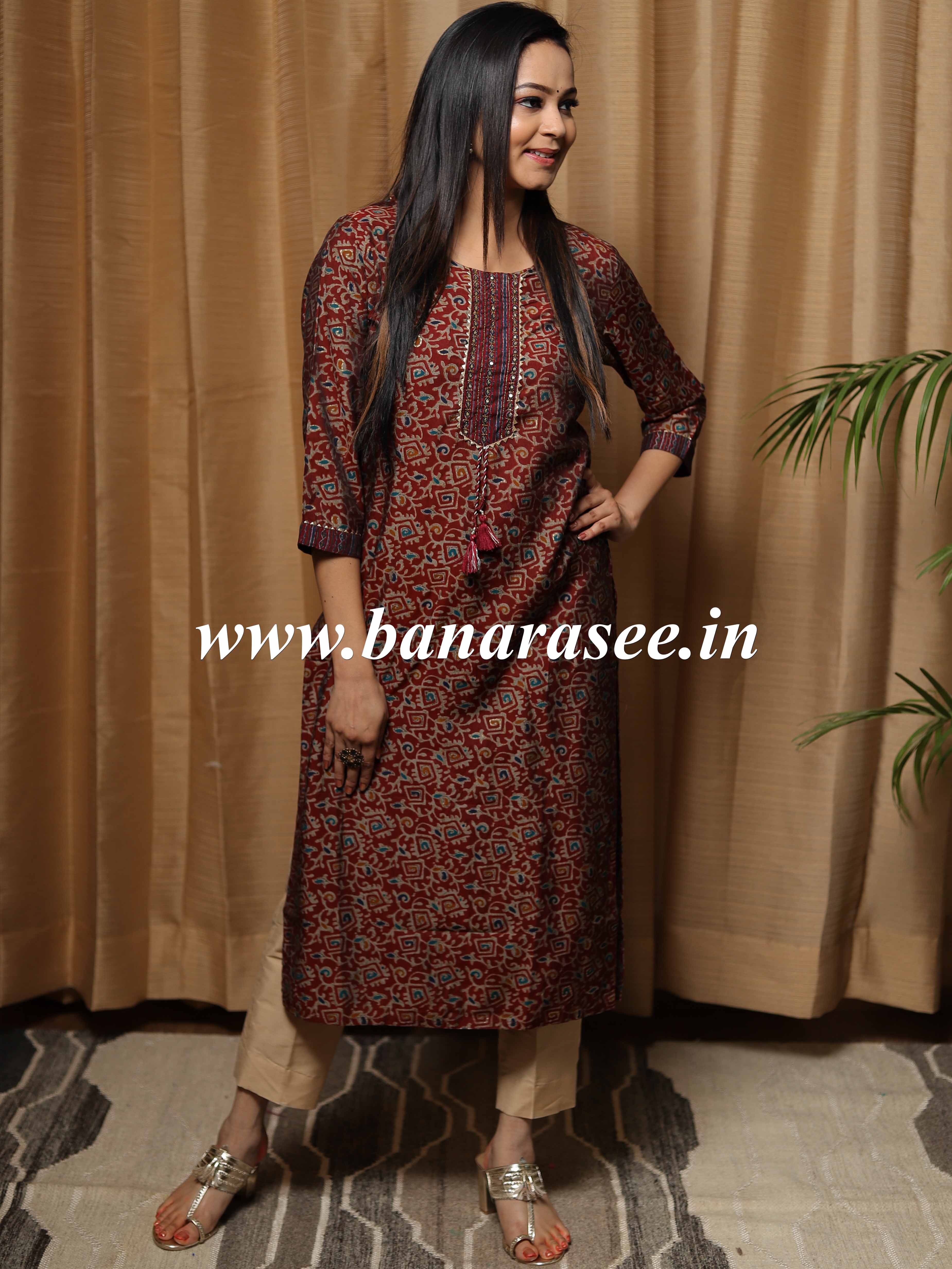 Banarasee Muslin Silk Printed Kurta-Maroon