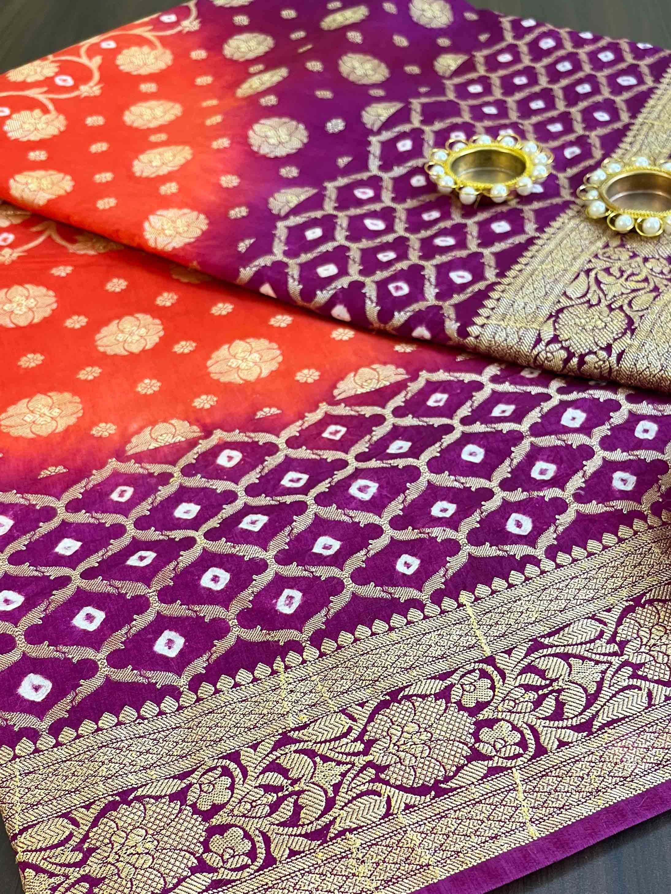 Banarasee Handwoven Semi Silk Bandhej Saree With Broad Zari Floral Border-Orange & Purple