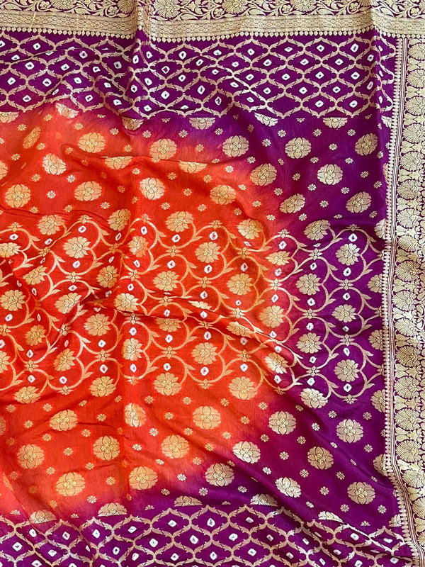 Banarasee Handwoven Semi Silk Bandhej Saree With Broad Zari Floral Border-Orange & Purple