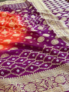 Banarasee Handwoven Semi Silk Bandhej Saree With Broad Zari Floral Border-Orange & Purple