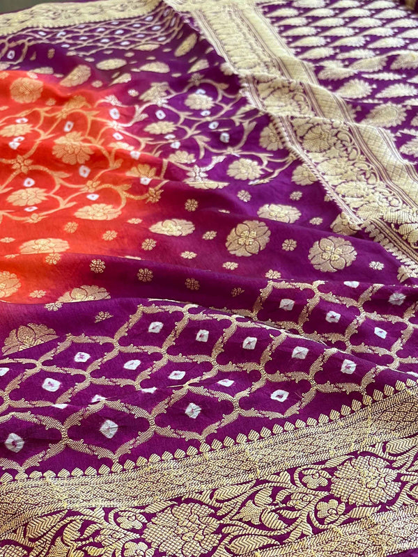 Banarasee Handwoven Semi Silk Bandhej Saree With Broad Zari Floral Border-Orange & Purple