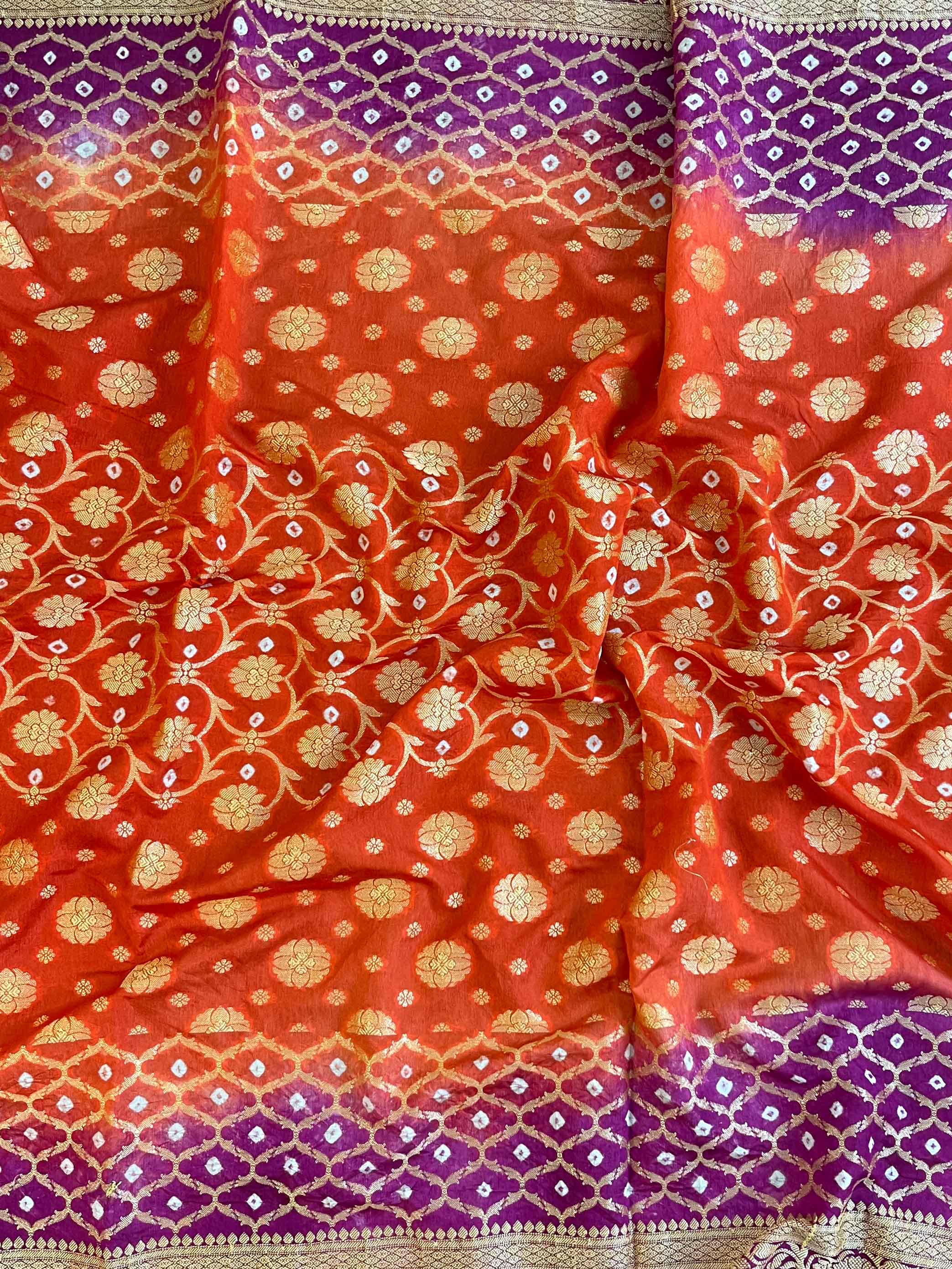 Banarasee Handwoven Semi Silk Bandhej Saree With Broad Zari Floral Border-Orange & Purple