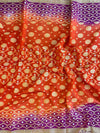 Banarasee Handwoven Semi Silk Bandhej Saree With Broad Zari Floral Border-Orange & Purple