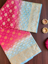 Banarasee Handwoven Semi Silk Bandhej Saree With Broad Zari Floral Border-Pink & Blue