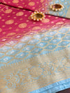 Banarasee Handwoven Semi Silk Bandhej Saree With Broad Zari Floral Border-Pink & Blue