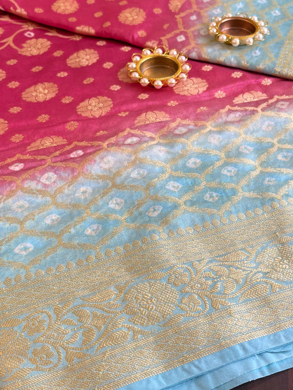 Banarasee Handwoven Semi Silk Bandhej Saree With Broad Zari Floral Border-Pink & Blue