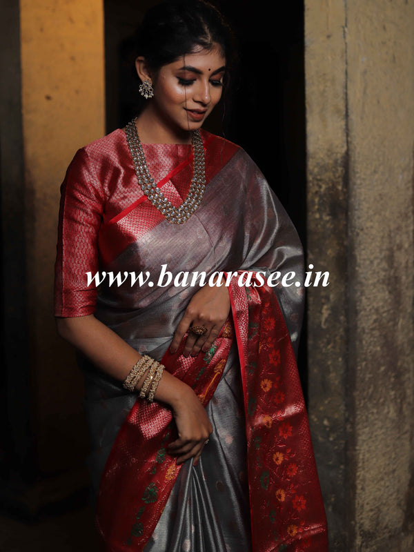 Banarasee Handwoven Contrast Border Soft Tissue Saree-Grey & Red