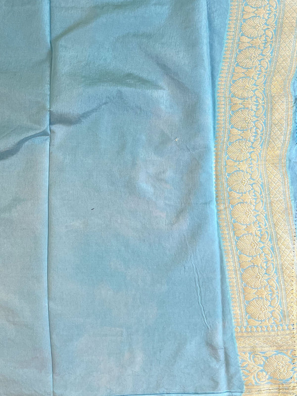 Banarasee Handwoven Semi Silk Bandhej Saree With Broad Zari Floral Border-Pink & Blue