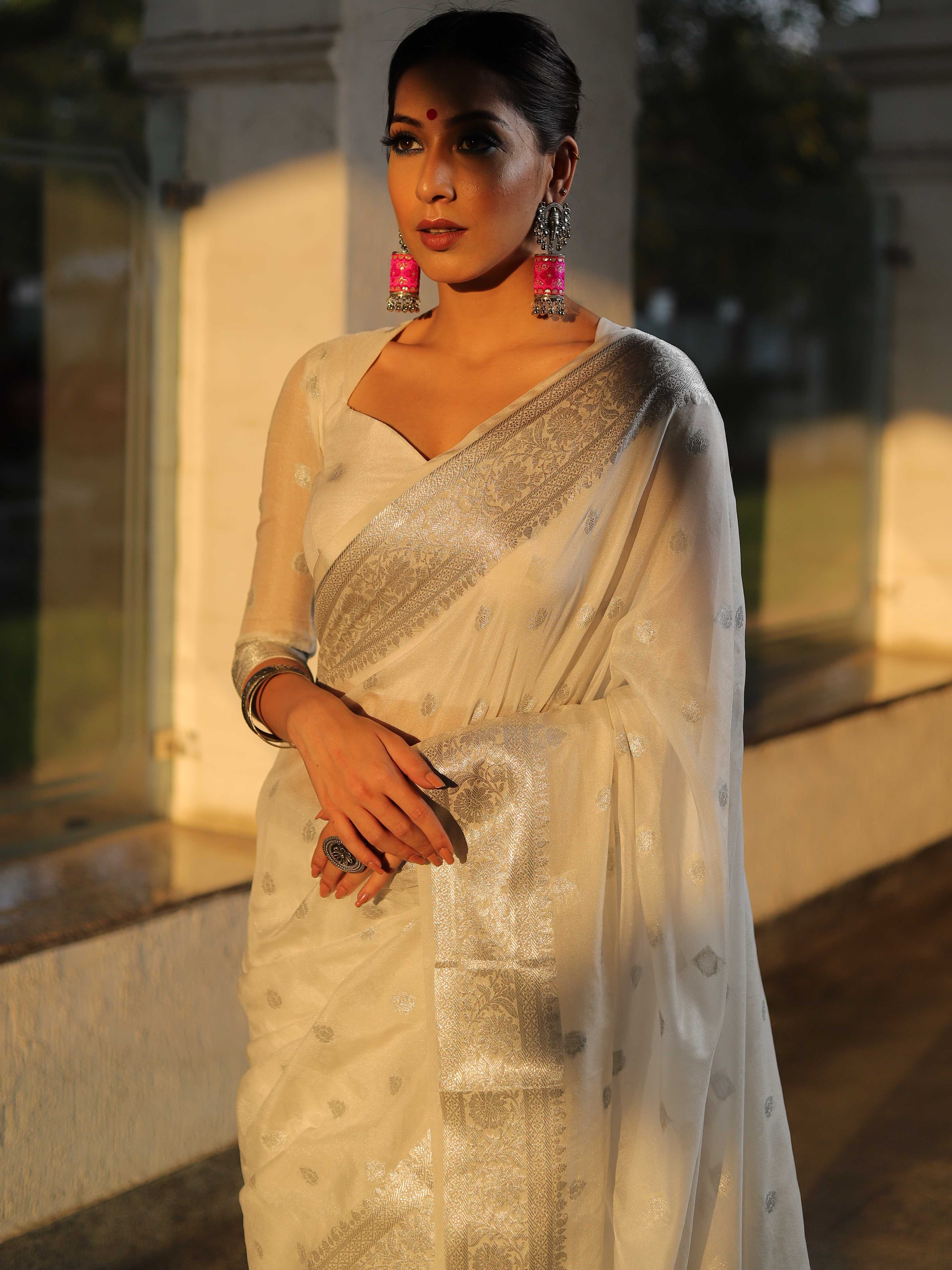 Banarasee Handwoven Semi-Chiffon Saree With Silver Zari Work- White