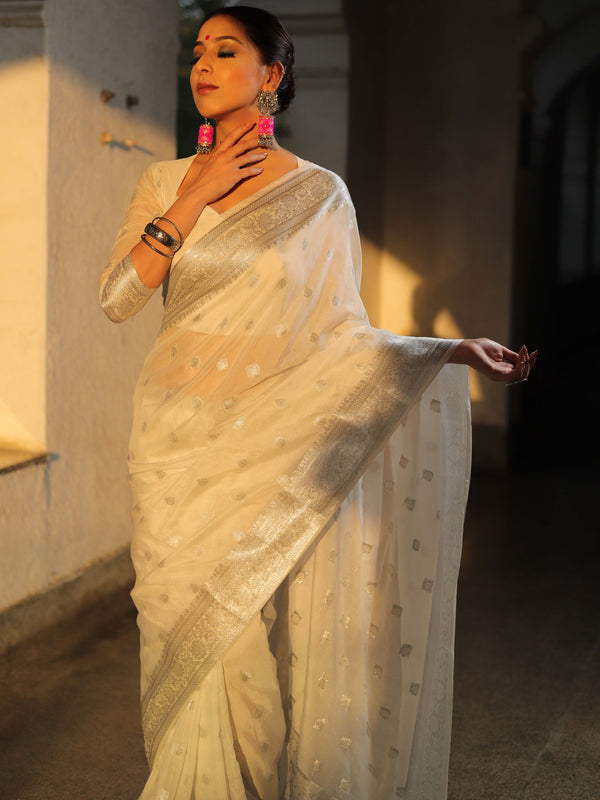 Banarasee Handwoven Semi-Chiffon Saree With Silver Zari Work- White