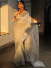 Banarasee Handwoven Semi-Chiffon Saree With Silver Zari Work- White