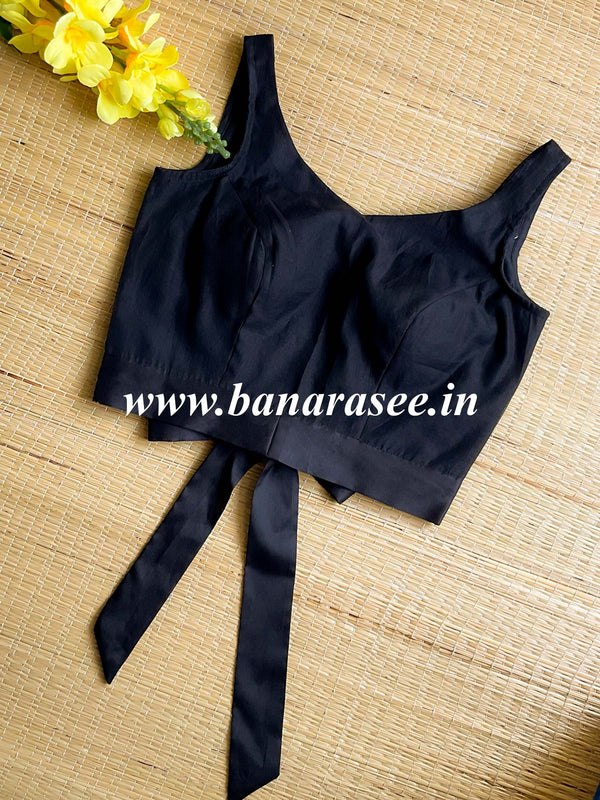 Pure Cotton Sleeveless Blouse With Bow-Black