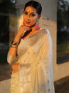 Banarasee Handwoven Semi-Chiffon Saree With Silver Zari Work- White