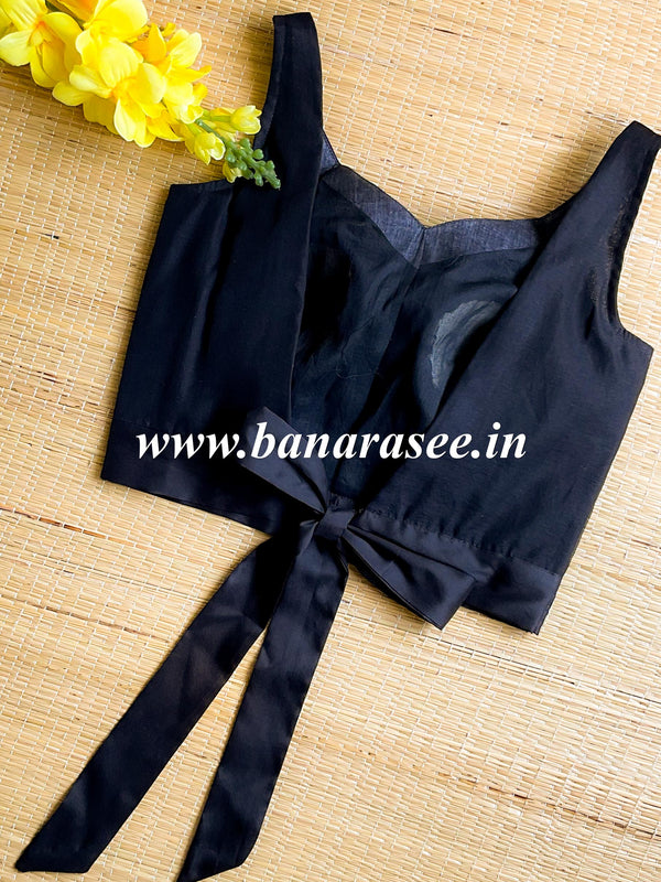 Pure Cotton Sleeveless Blouse With Bow-Black