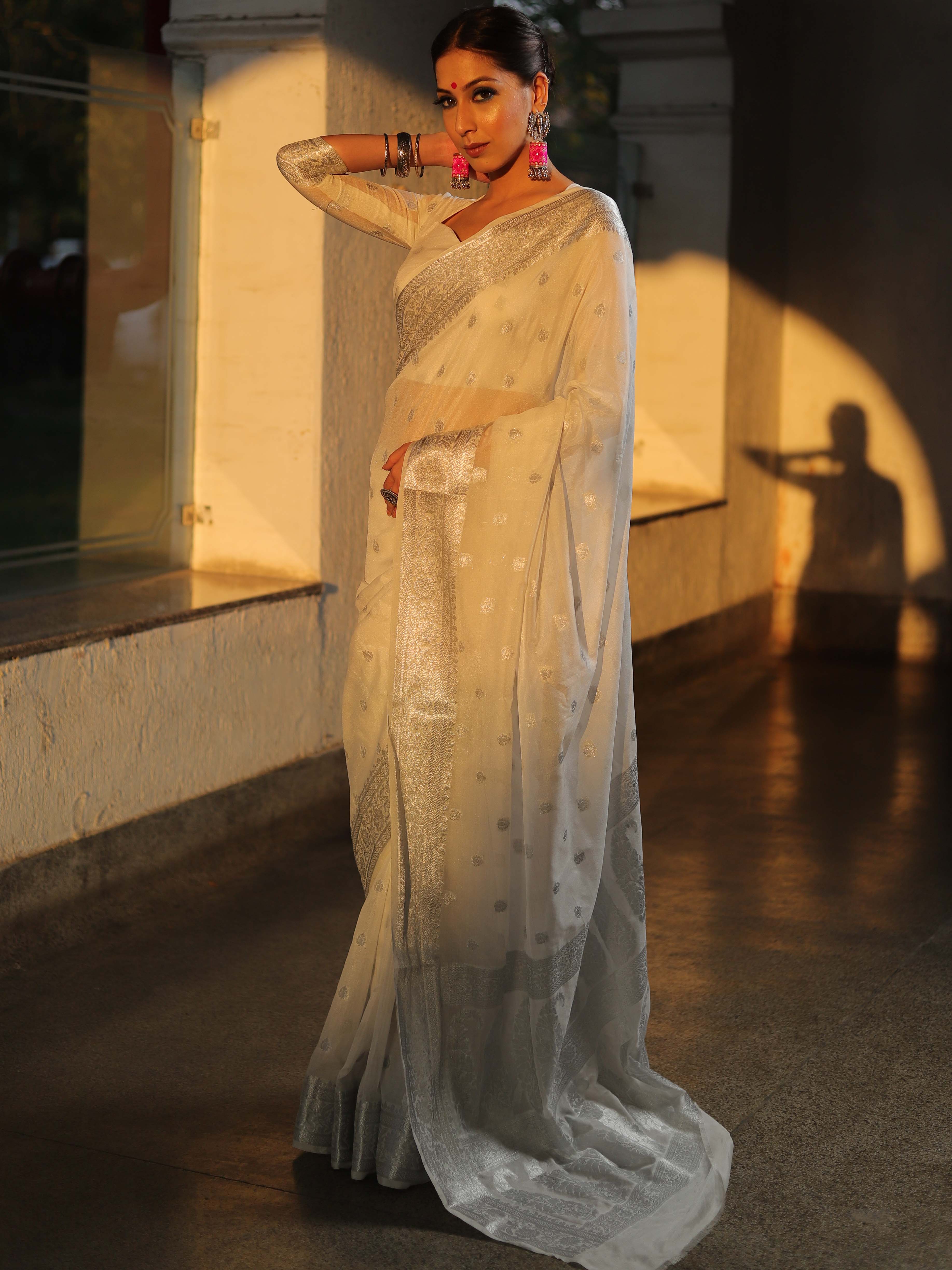 Banarasee Handwoven Semi-Chiffon Saree With Silver Zari Work- White