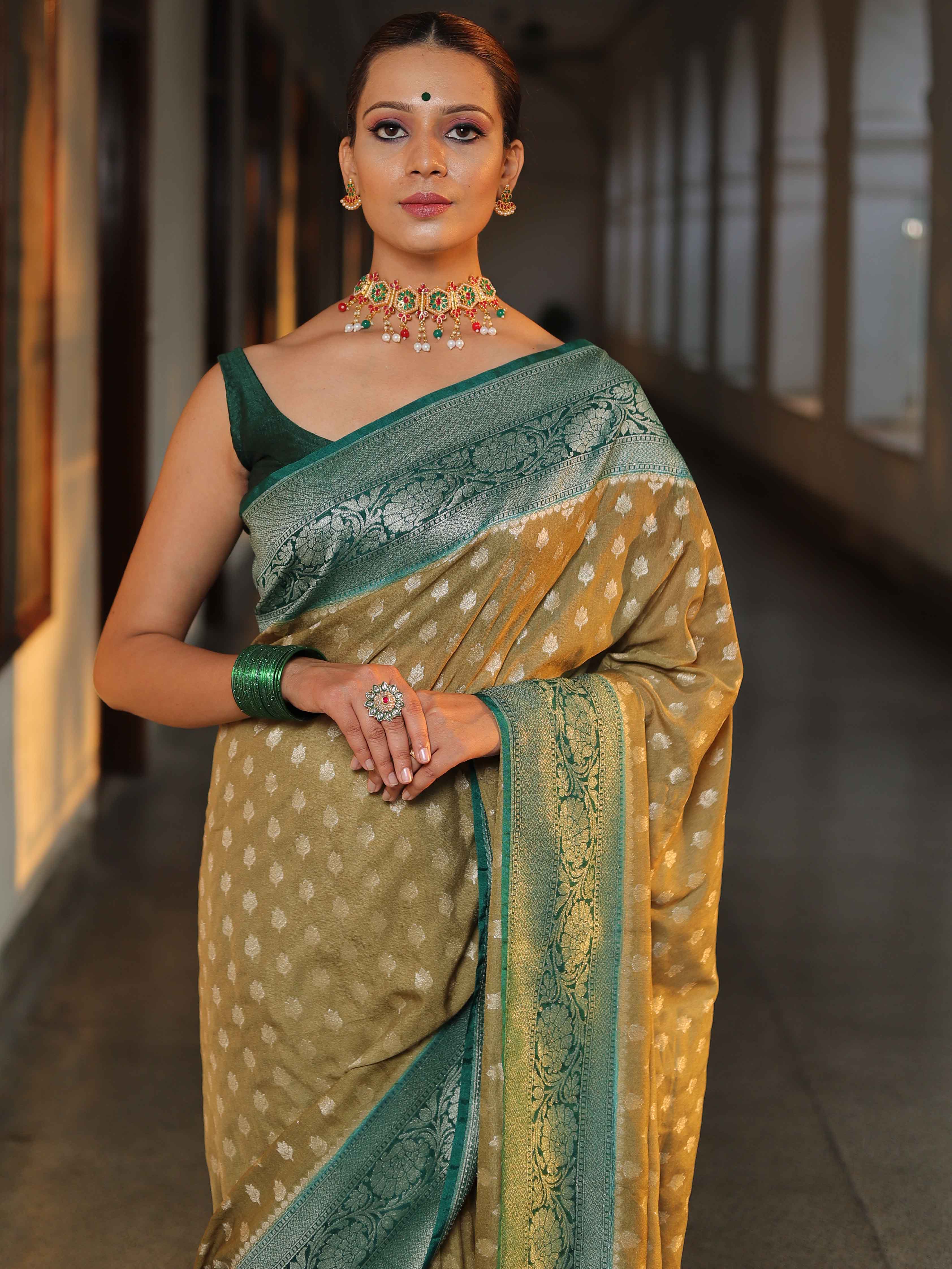 Banarasee Handwoven Semi Silk Saree With Zari Floral Border & Buti-Khaki Green