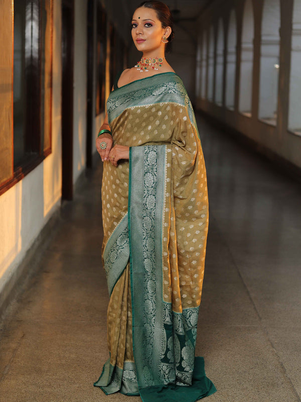 Banarasee Handwoven Semi Silk Saree With Zari Floral Border & Buti-Kha