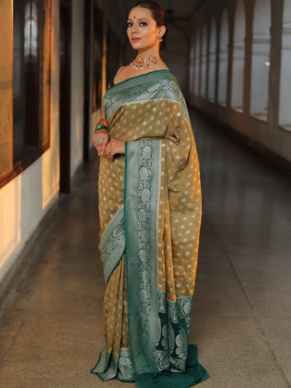 Banarasee Handwoven Semi Silk Saree With Zari Floral Border & Buti-Khaki Green