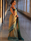 Banarasee Handwoven Semi Silk Saree With Zari Floral Border & Buti-Khaki Green