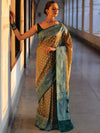 Banarasee Handwoven Semi Silk Saree With Zari Floral Border & Buti-Khaki Green