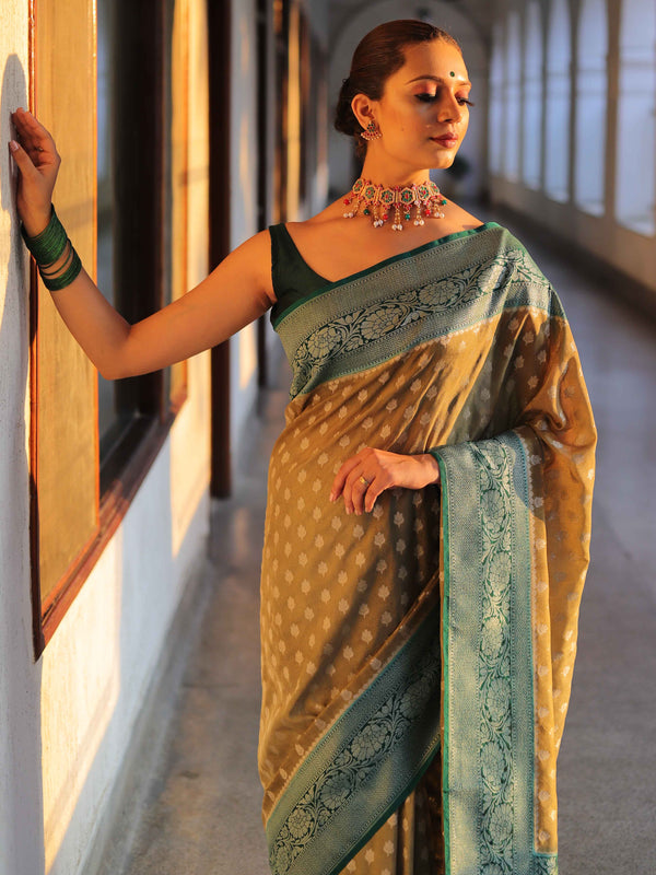 Banarasee Handwoven Semi Silk Saree With Zari Floral Border & Buti-Kha