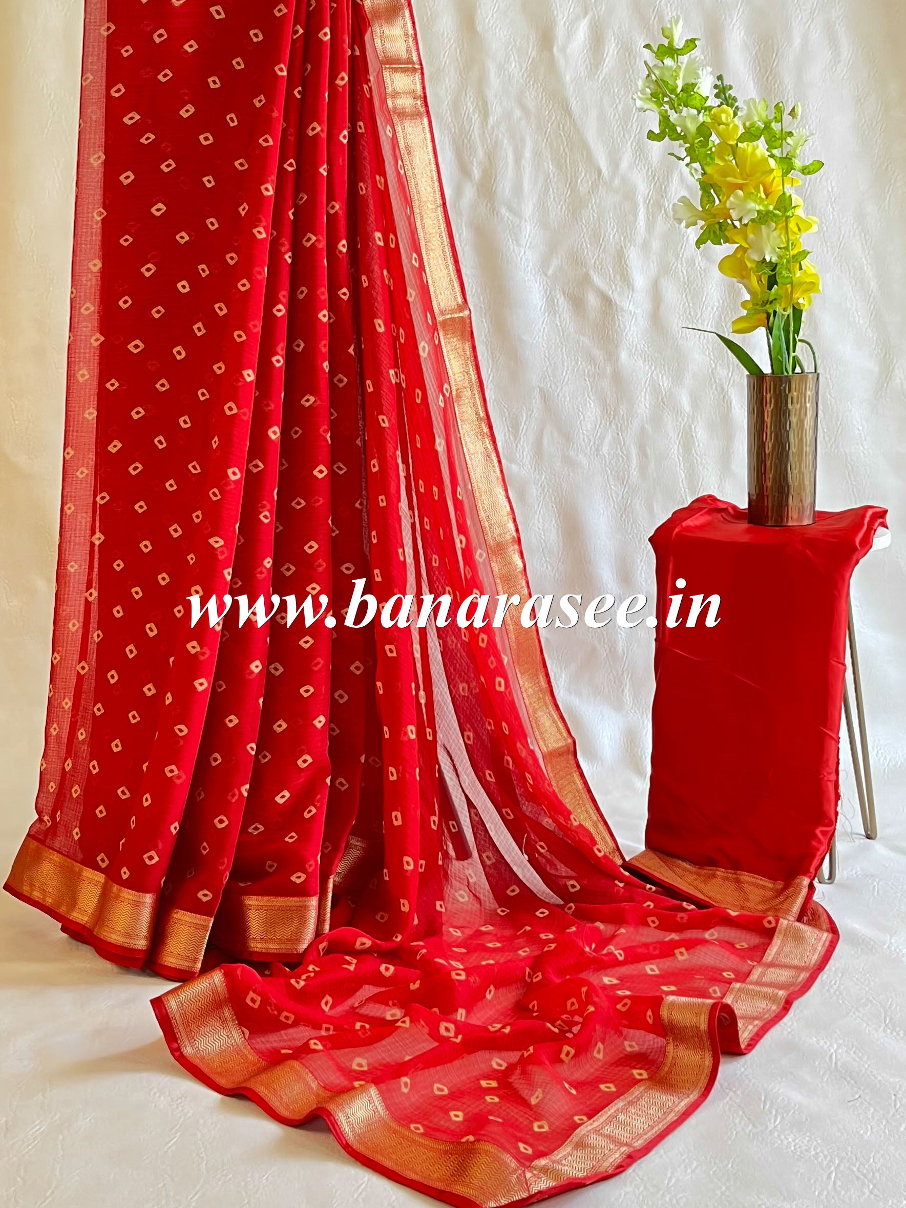 Banarasee Chiffon Blend Saree Chunri Print Zari Border & Silk Blouse-Red