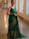 Banarasee Handwoven Pure Silk Cotton Saree With Zari Buti & Border-Green