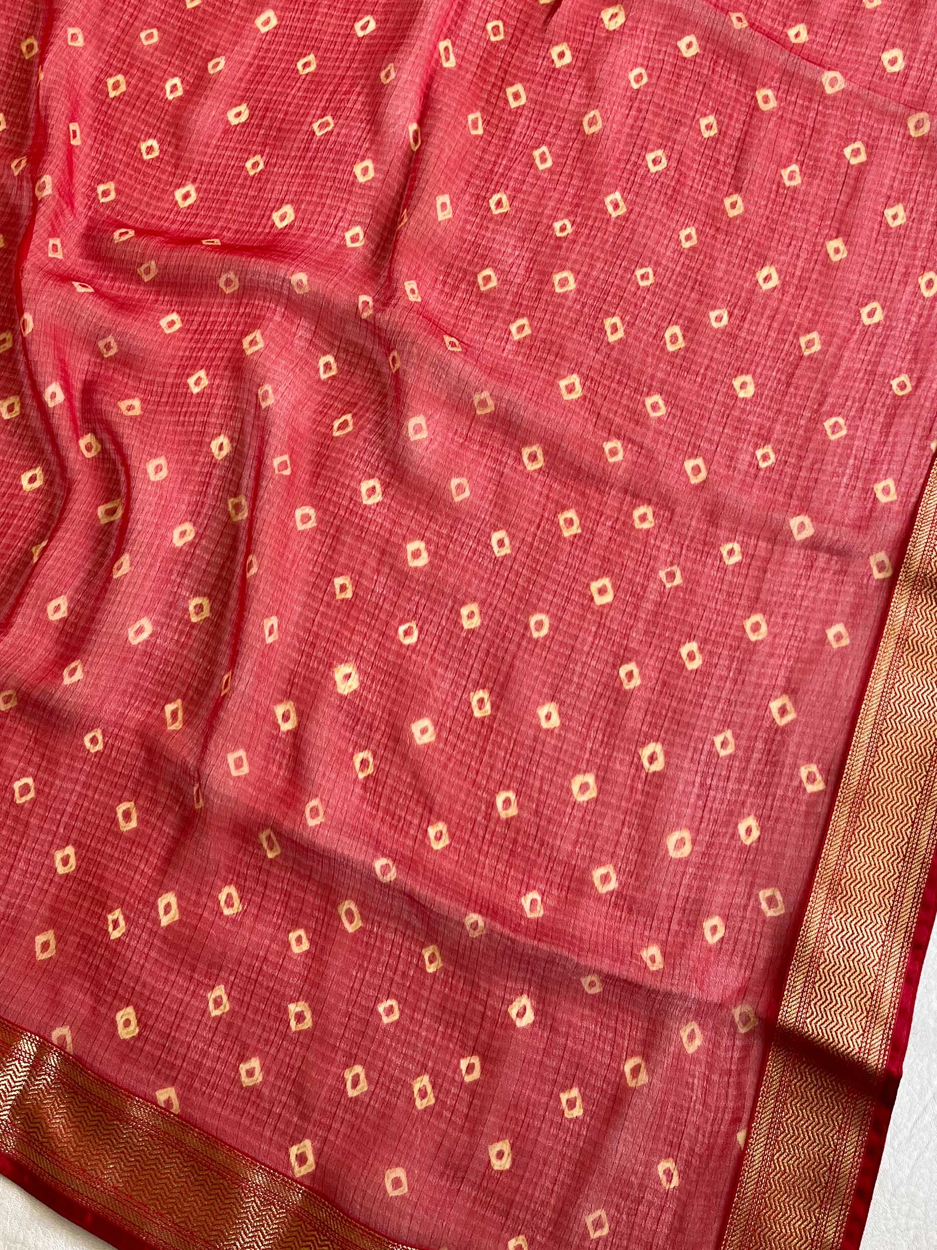 Banarasee Chiffon Blend Saree Chunri Print Zari Border & Silk Blouse-Red