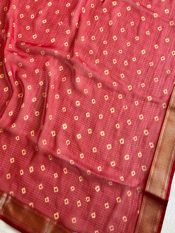 Banarasee Chiffon Blend Saree Chunri Print Zari Border & Silk Blouse-Red