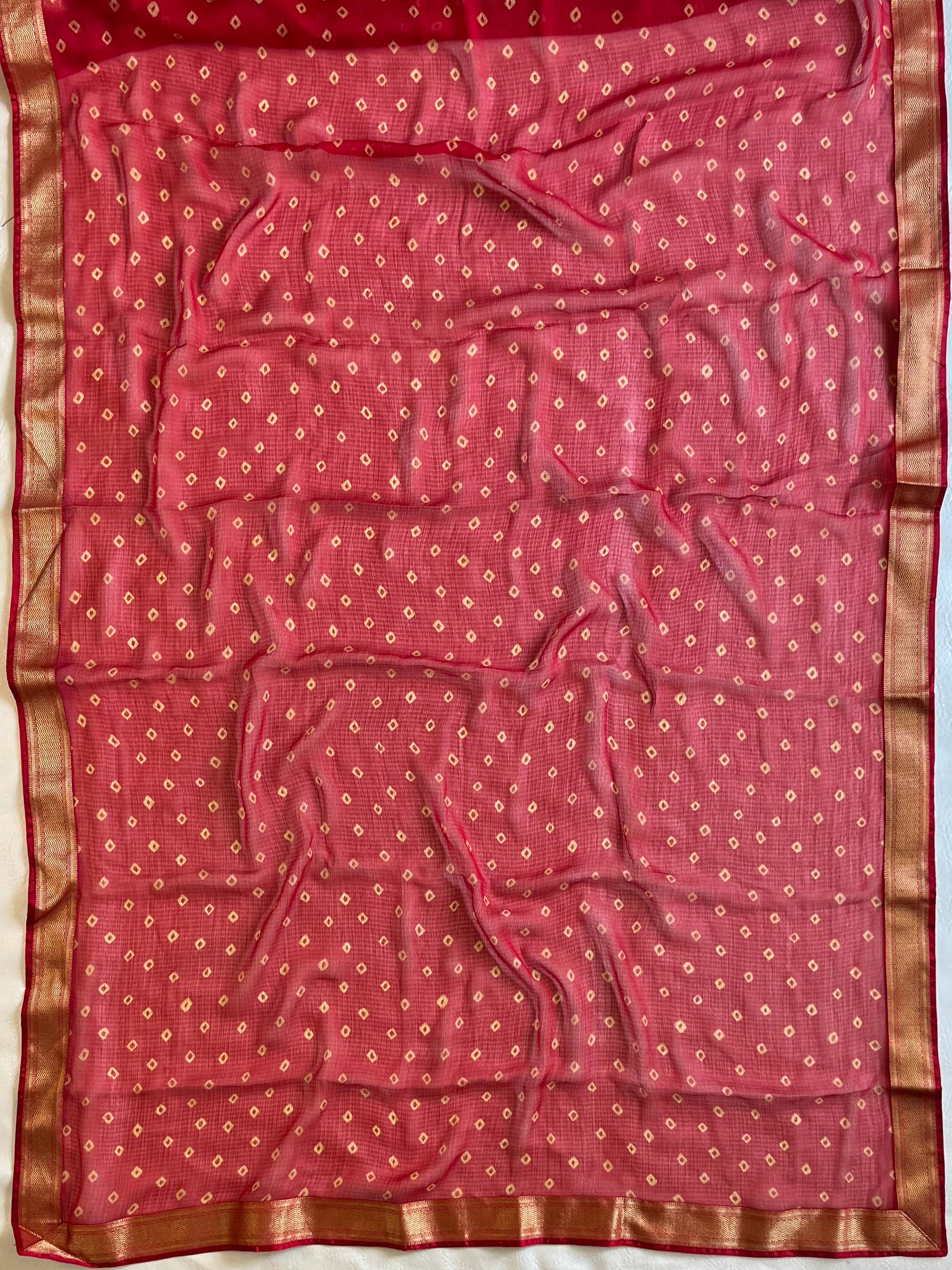 Banarasee Chiffon Blend Saree Chunri Print Zari Border & Silk Blouse-Red