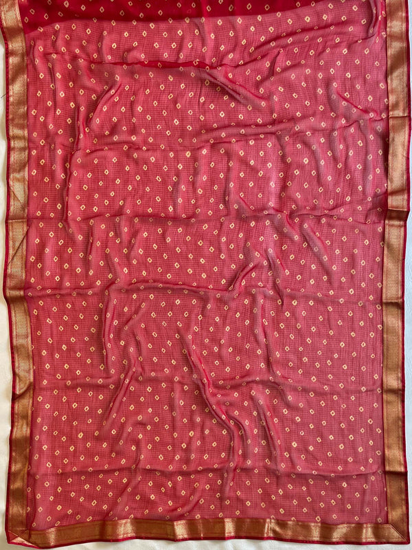 Banarasee Chiffon Blend Saree Chunri Print Zari Border & Silk Blouse-Red