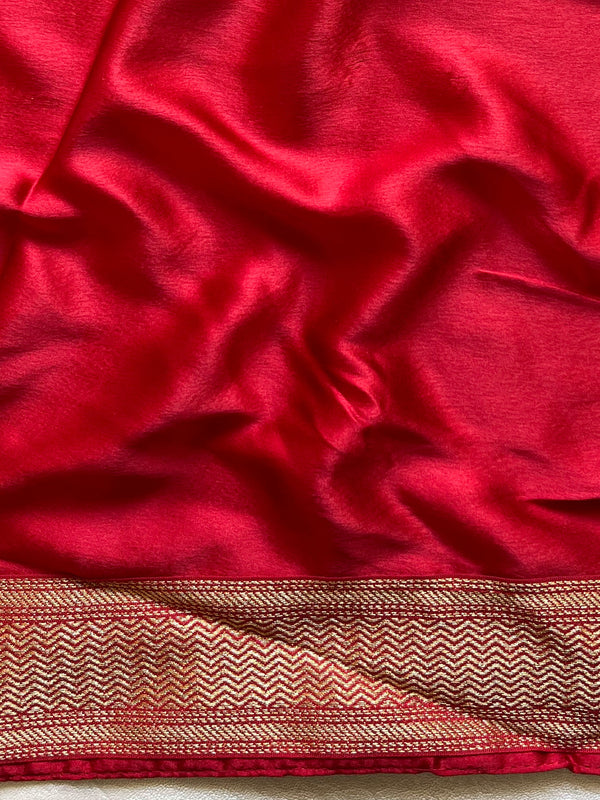 Banarasee Chiffon Blend Saree Chunri Print Zari Border & Silk Blouse-Red