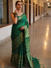 Banarasee Handwoven Pure Silk Cotton Saree With Zari Buti & Border-Green