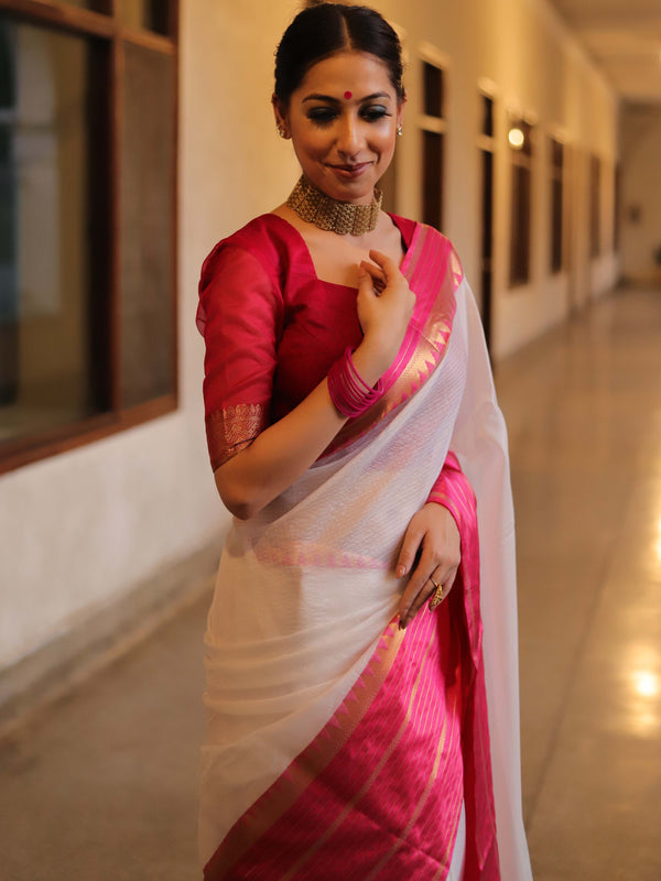 Banarasee Kota Doria Cotton Mix Saree With Zari & Satin Border-White & Pink