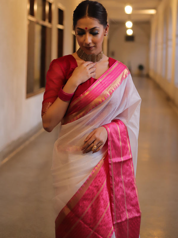 Banarasee Kota Doria Cotton Mix Saree With Zari & Satin Border-White & Pink