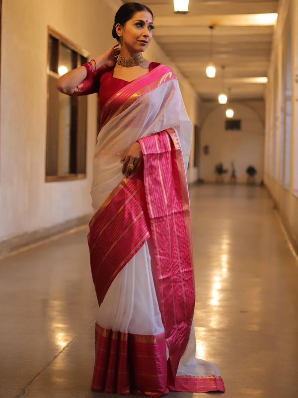 Banarasee Kota Doria Cotton Mix Saree With Zari & Satin Border-White & Pink