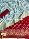 Banarasee Handwoven Semi-Silk Salwar Kameez Fabric With Zari Weaving Design-Light Blue & Maroon