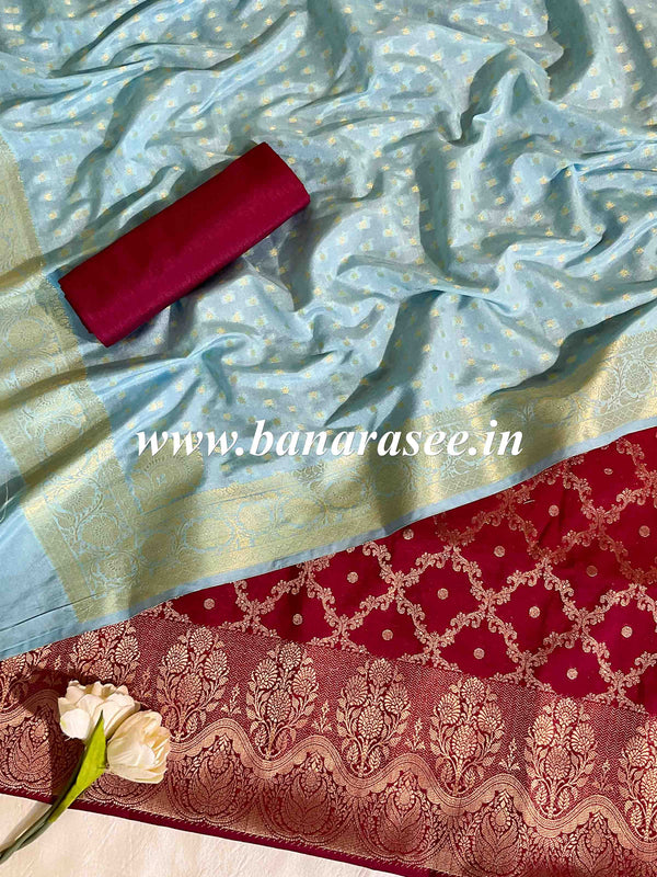 Banarasee Handwoven Semi-Silk Salwar Kameez Fabric With Zari Weaving Design-Light Blue & Maroon