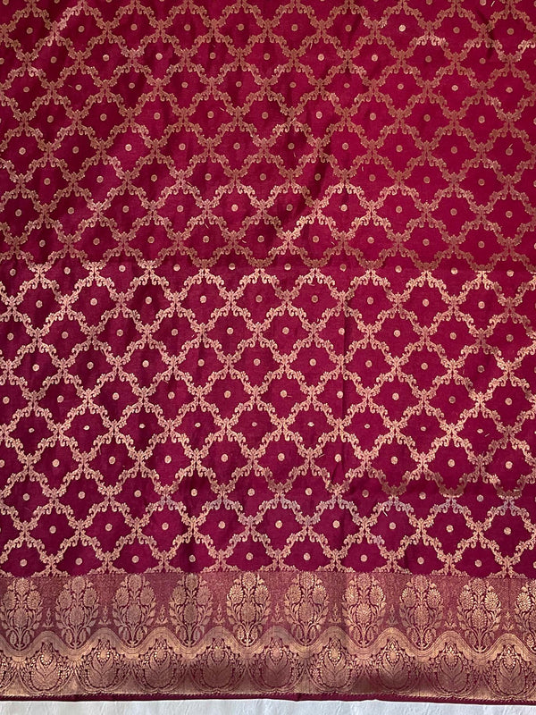 Banarasee Handwoven Semi-Silk Salwar Kameez Fabric With Zari Weaving Design-Light Blue & Maroon