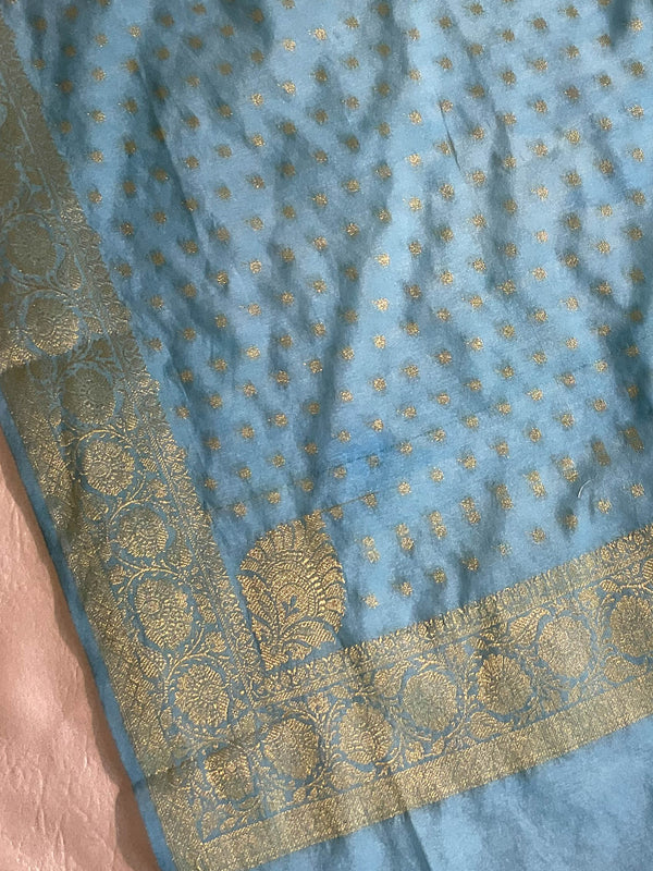 Banarasee Handwoven Semi-Silk Salwar Kameez Fabric With Zari Weaving Design-Light Blue & Maroon