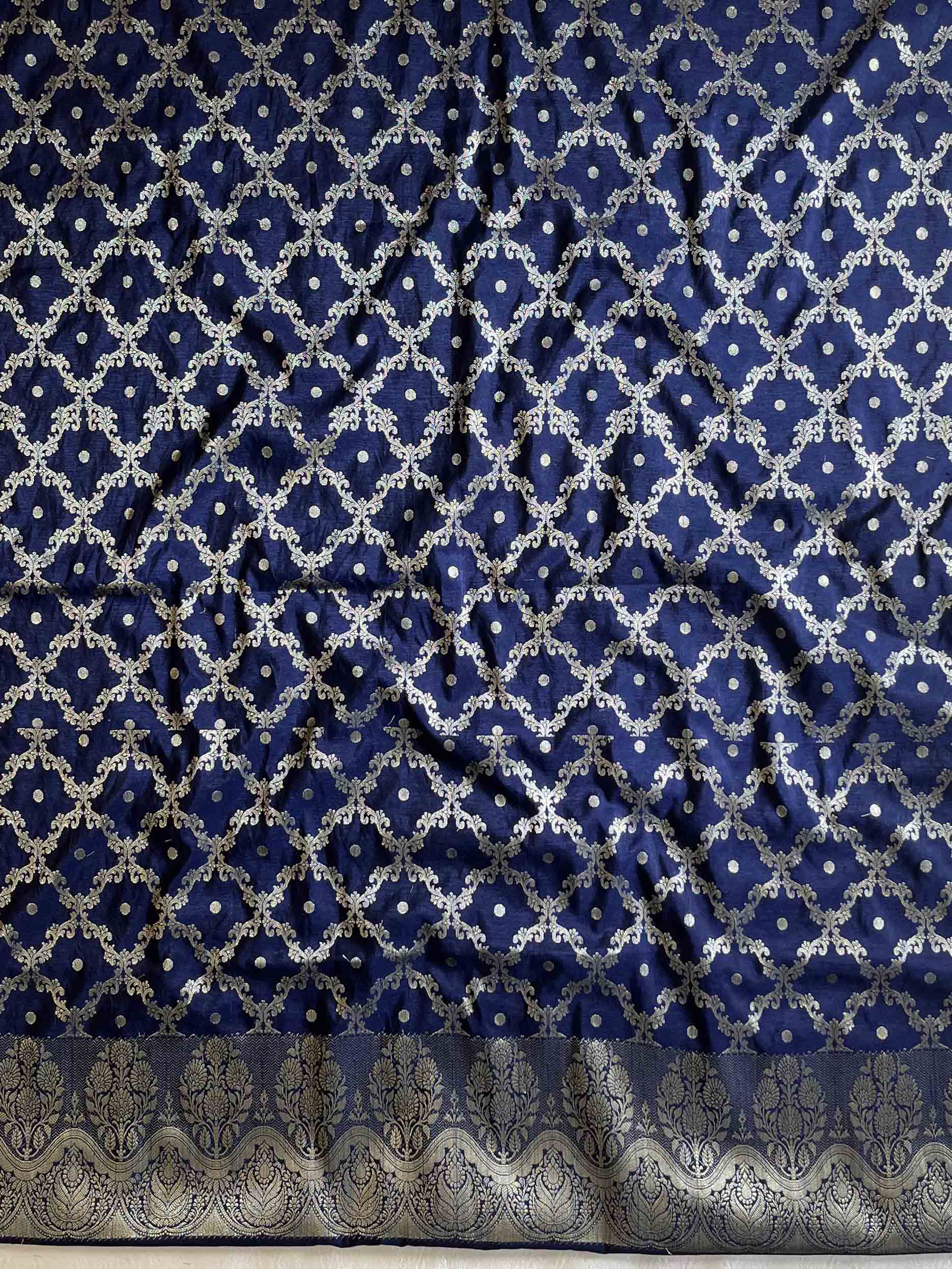 Banarasee Handwoven Semi-Silk Salwar Kameez Fabric With Zari Weaving Design-Blue & Beige