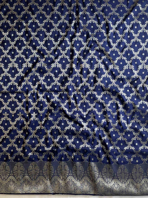 Banarasee Handwoven Semi-Silk Salwar Kameez Fabric With Zari Weaving Design-Blue & Beige