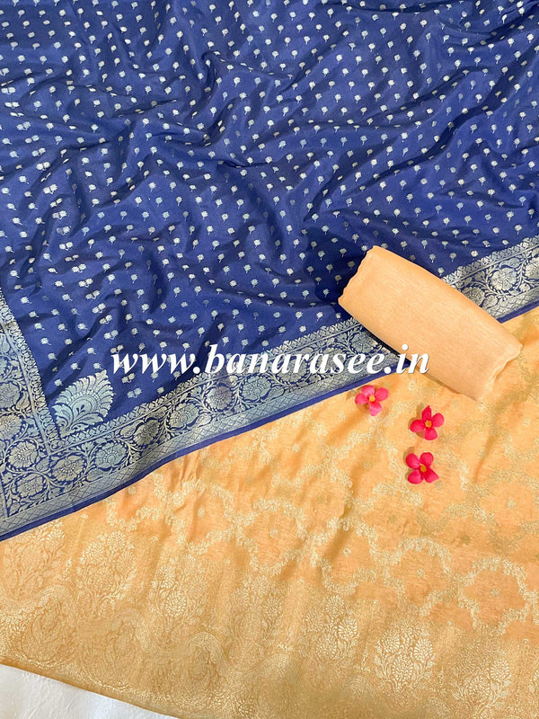 Banarasee Handwoven Semi-Silk Salwar Kameez Fabric With Zari Weaving Design-Yellow & Blue