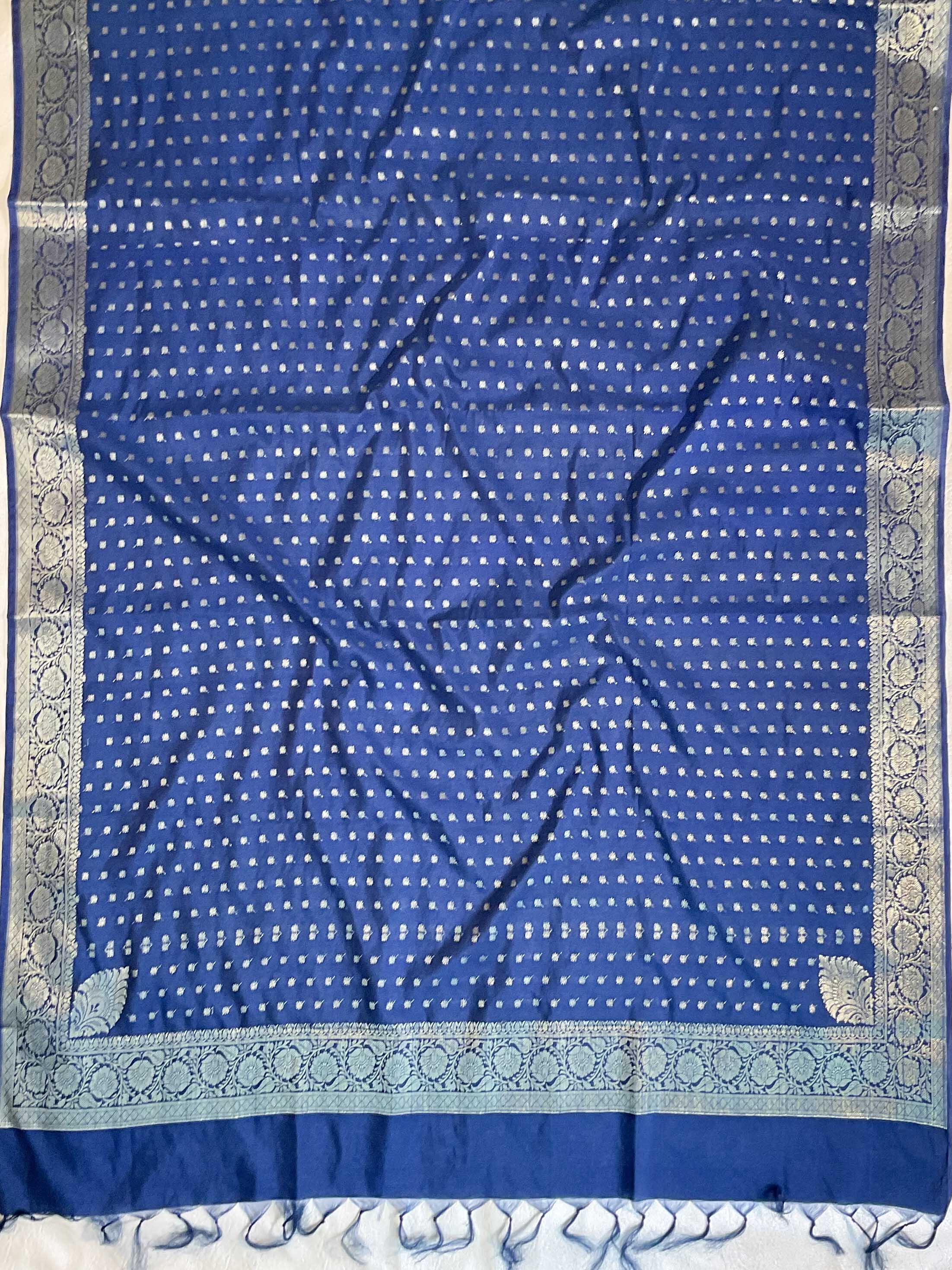 Banarasee Handwoven Semi-Silk Salwar Kameez Fabric With Zari Weaving Design-Yellow & Blue