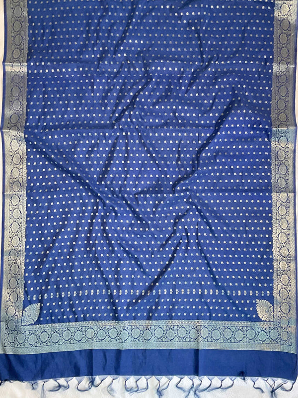 Banarasee Handwoven Semi-Silk Salwar Kameez Fabric With Zari Weaving Design-Yellow & Blue