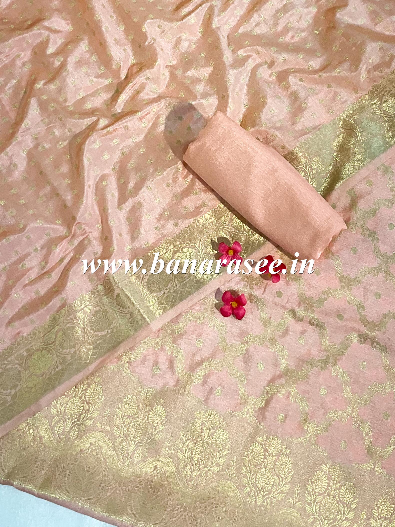 Banarasee Handwoven Semi-Silk Salwar Kameez Fabric With Zari Weaving Design-Peach