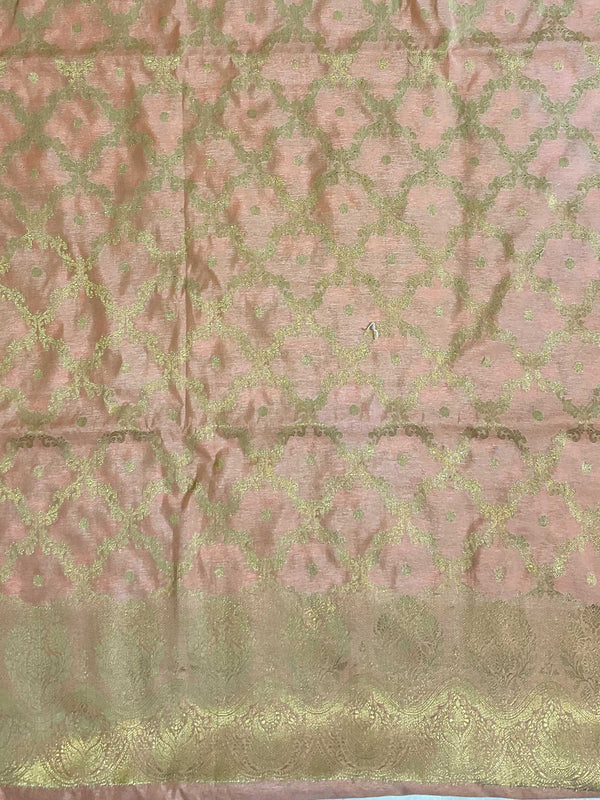 Banarasee Handwoven Semi-Silk Salwar Kameez Fabric With Zari Weaving Design-Peach