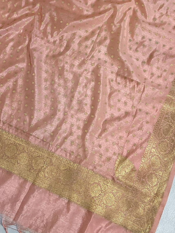 Banarasee Handwoven Semi-Silk Salwar Kameez Fabric With Zari Weaving Design-Peach