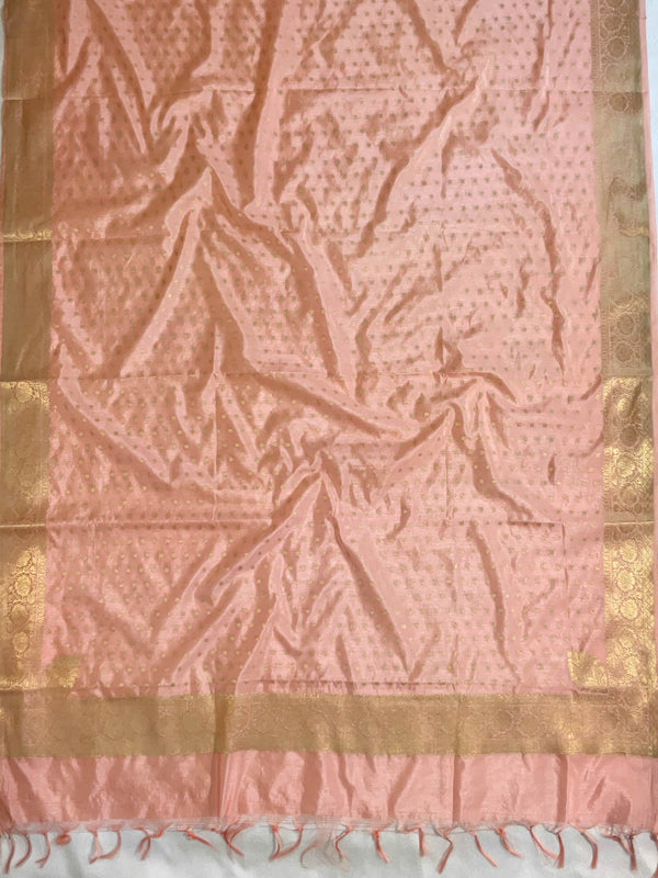 Banarasee Handwoven Semi-Silk Salwar Kameez Fabric With Zari Weaving Design-Peach